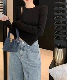 肩スリットアシンメトリーレイヤード長袖トップス 韓国きれいめ