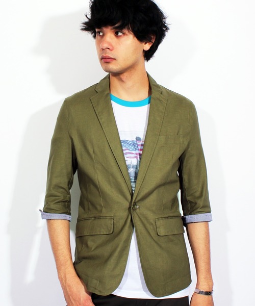 ８(eight)（エイト）の「7分袖 テーラードジャケット 綿 麻 リネン ブレザー（テーラードジャケット・メンズ・キナリ/ベージュ/ネイビー/ブラック/カーキ・X-LARGE/MEDIUM/LARGE）」の4枚目の写真