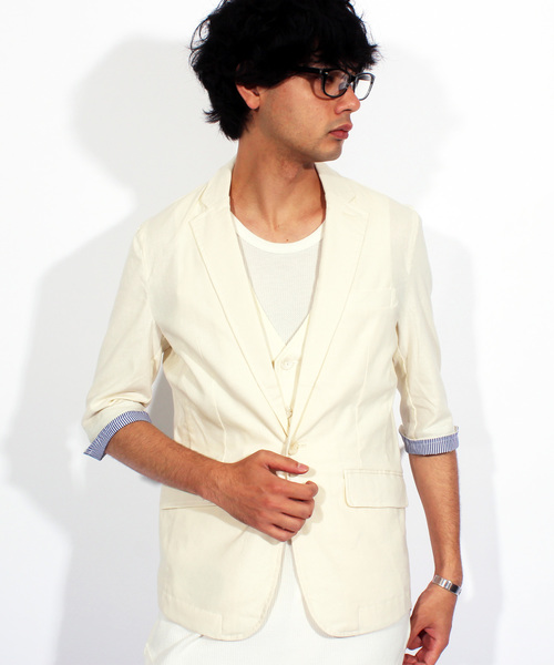 ８(eight)（エイト）の「7分袖 テーラードジャケット 綿 麻 リネン ブレザー（テーラードジャケット・メンズ・キナリ/ベージュ/ネイビー/ブラック/カーキ・X-LARGE/MEDIUM/LARGE）」の2枚目の写真