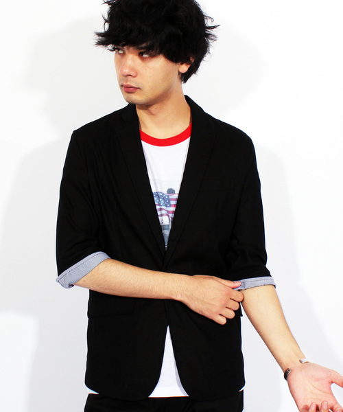 ８(eight)（エイト）の「7分袖 テーラードジャケット 綿 麻 リネン ブレザー（テーラードジャケット・メンズ・キナリ/ベージュ/ネイビー/ブラック/カーキ・X-LARGE/MEDIUM/LARGE）」の3枚目の写真