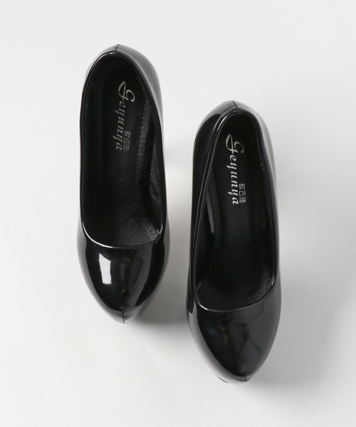 CHEMBUR ブラックエナメルパンプス 37 z-686 8cmヒールつま先切り替えパンプス／ブラックエナメル