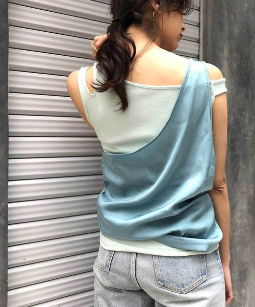 CIEL'AIR（シエルエアー）の「【CIEL'AIR/シェルエアー】セットアップイレギュラーレイヤードノースリトップス（タンクトップ・レディース・ブラウン/ブルー・FREE）」の14枚目の写真