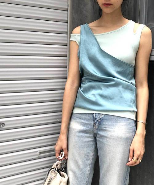 CIEL'AIR（シエルエアー）の「【CIEL'AIR/シェルエアー】セットアップイレギュラーレイヤードノースリトップス（タンクトップ・レディース・ブラウン/ブルー・FREE）」の12枚目の写真