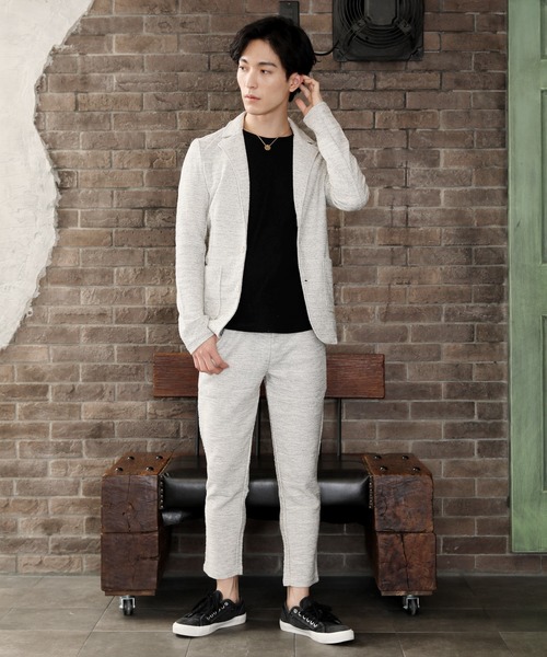 TopIsm（トップイズム）の「スラブニットテーラードジャケット＆テーパードパンツ セットアップ（セットアップ・メンズ・ネイビー/ブラック×ホワイト/グレー×ホワイト・LL/M/L）」の2枚目の写真