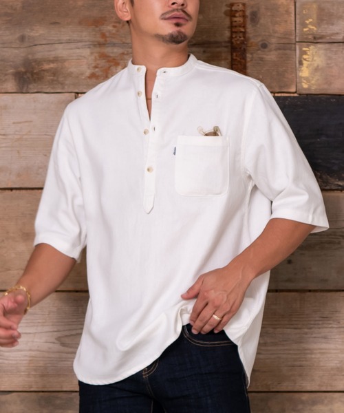 #Re:room（リルーム）の「スタンドカラープルオーバービッグシャツ（シャツ/ブラウス・メンズ・カーキ/ホワイト/ナチュラル・SMALL/MEDIUM）」の2枚目の写真