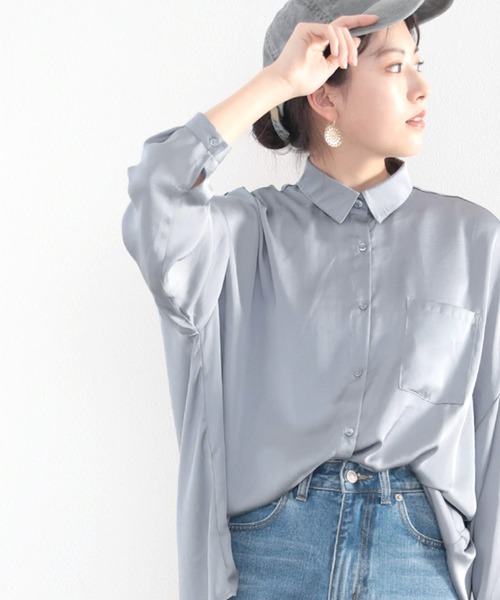 classicalelf（クラシカルエルフ）の「艶々サテンが上品。ヴィンテージサテンオーバーサイズレギュラーカラーシャツ（シャツ/ブラウス・レディース・グレー/アイボリー/モカ/グレイッシュベージュ・MEDIUM/LARGE/X-LARGE）」の16枚目の写真