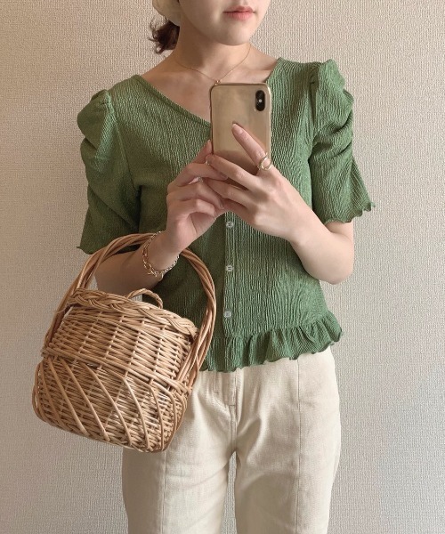 Cheek（チーク）の「【 - ｍｉｍｉ - 】パワショルレトロＴＯＰＳ（Tシャツ/カットソー・レディース・グリーン/アイボリー/ラベンダー/ブラック・FREE）」の3枚目の写真