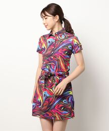 LOUDMOUTH/ラウドマウス ゴルフウェア 総柄 吸汗速乾 UVカット ウエスト紐 ボタンダウン ミニ丈 半袖 ワンピース