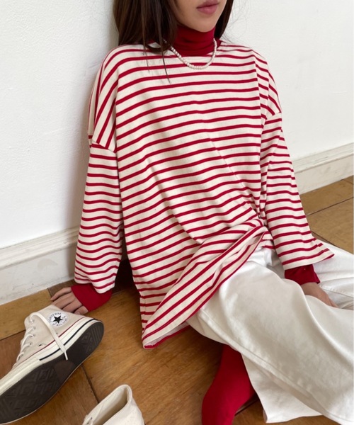 Didot.showroom(ディドット ショールーム)の「【DIDOT.】オーバーサイズボーダーT(Tシャツ/カットソー・レディース・ブラック/ブルー/レッド/ベージュ・FREE)」の2枚目の写真