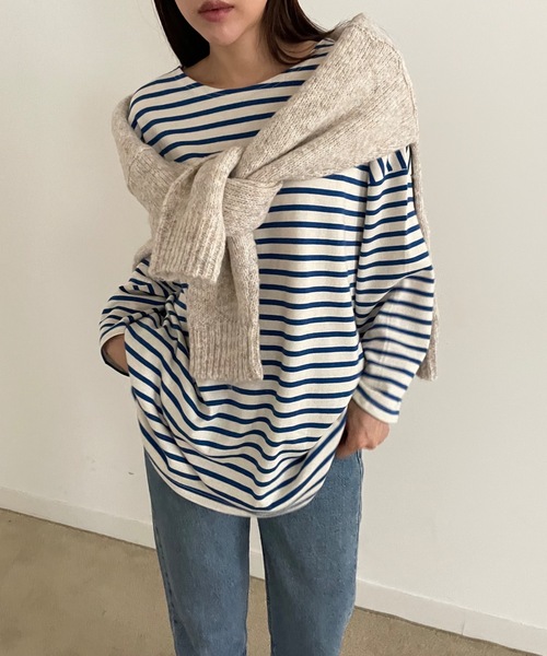 Didot.showroom(ディドット ショールーム)の「【DIDOT.】オーバーサイズボーダーT(Tシャツ/カットソー・レディース・ブラック/ブルー/レッド/ベージュ・FREE)」の4枚目の写真