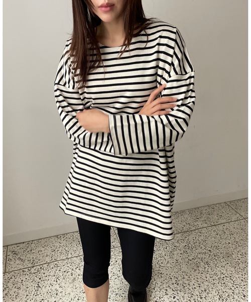 Didot.showroom(ディドット ショールーム)の「【DIDOT.】オーバーサイズボーダーT(Tシャツ/カットソー・レディース・ブラック/ブルー/レッド/ベージュ・FREE)」の3枚目の写真