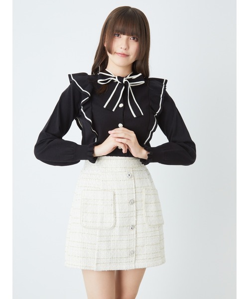 Ank Rouge(アンクルージュ)の「パールポケット&ビジューツイードSK(スカート・レディース・ブラック/オフホワイト/ピンク・M)」の2枚目の写真