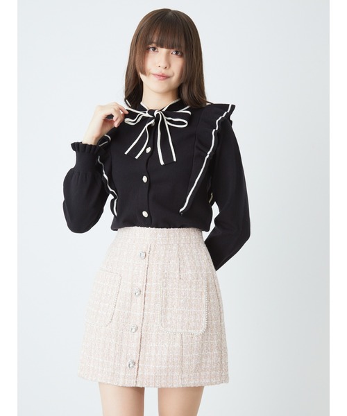 Ank Rouge(アンクルージュ)の「パールポケット&ビジューツイードSK(スカート・レディース・ブラック/オフホワイト/ピンク・M)」の1枚目の写真