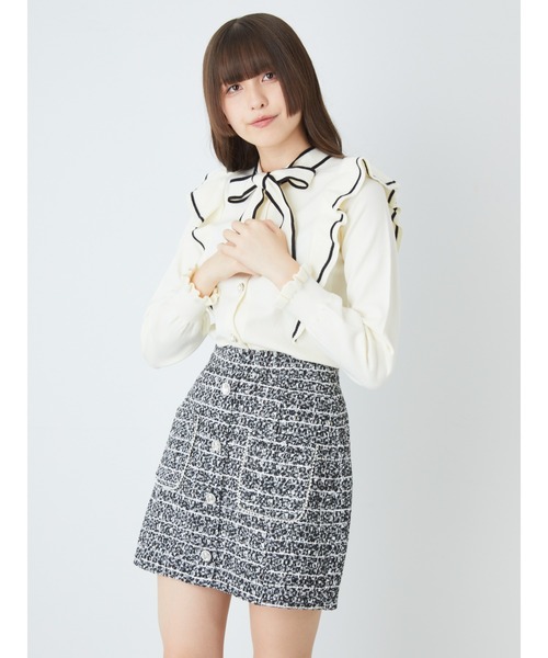 Ank Rouge(アンクルージュ)の「パールポケット&ビジューツイードSK(スカート・レディース・ブラック/オフホワイト/ピンク・M)」の3枚目の写真