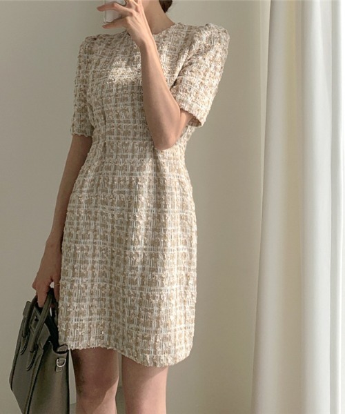 Opinion korean town（オピニオン コリアン タウン）の「ツイード ウエストタックワンピース（ワンピース・レディース・ベージュ/ネイビー・S/M/L）」の2枚目の写真