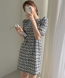 ツイード ウエストタックワンピース