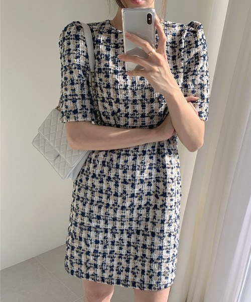 Opinion korean town（オピニオン コリアン タウン）の「ツイード ウエストタックワンピース（ワンピース・レディース・ベージュ/ネイビー・S/M/L）」の21枚目の写真