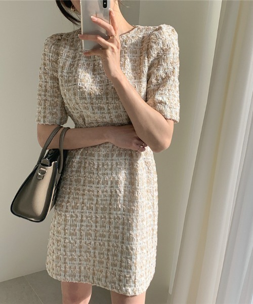 Opinion korean town（オピニオン コリアン タウン）の「ツイード ウエストタックワンピース（ワンピース・レディース・ベージュ/ネイビー・S/M/L）」の11枚目の写真