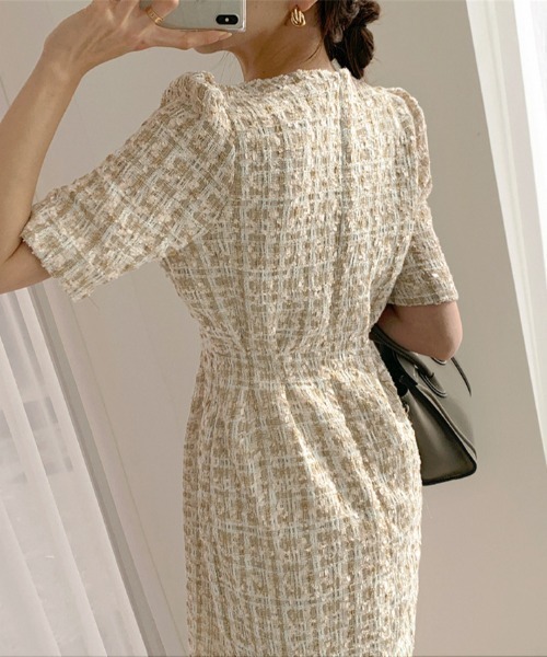 Opinion korean town（オピニオン コリアン タウン）の「ツイード ウエストタックワンピース（ワンピース・レディース・ベージュ/ネイビー・S/M/L）」の7枚目の写真