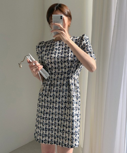 Opinion korean town（オピニオン コリアン タウン）の「ツイード ウエストタックワンピース（ワンピース・レディース・ベージュ/ネイビー・S/M/L）」の5枚目の写真