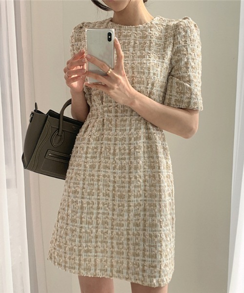 Opinion korean town（オピニオン コリアン タウン）の「ツイード ウエストタックワンピース（ワンピース・レディース・ベージュ/ネイビー・S/M/L）」の8枚目の写真