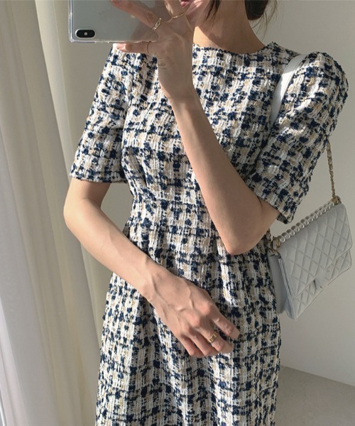 Opinion korean town（オピニオン コリアン タウン）の「ツイード ウエストタックワンピース（ワンピース・レディース・ベージュ/ネイビー・S/M/L）」の3枚目の写真