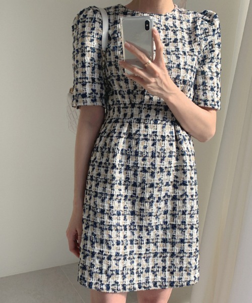 Opinion korean town（オピニオン コリアン タウン）の「ツイード ウエストタックワンピース（ワンピース・レディース・ベージュ/ネイビー・S/M/L）」の18枚目の写真