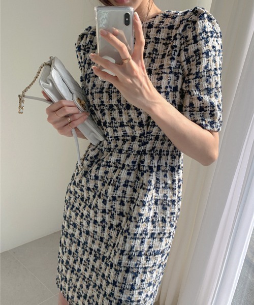 Opinion korean town（オピニオン コリアン タウン）の「ツイード ウエストタックワンピース（ワンピース・レディース・ベージュ/ネイビー・S/M/L）」の16枚目の写真