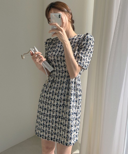 Opinion korean town（オピニオン コリアン タウン）の「ツイード ウエストタックワンピース（ワンピース・レディース・ベージュ/ネイビー・S/M/L）」の14枚目の写真