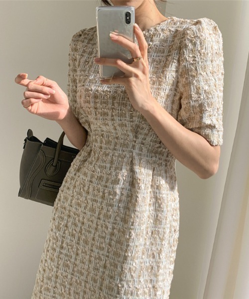 Opinion korean town（オピニオン コリアン タウン）の「ツイード ウエストタックワンピース（ワンピース・レディース・ベージュ/ネイビー・S/M/L）」の19枚目の写真