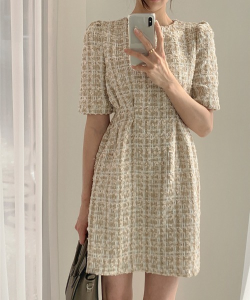 Opinion korean town（オピニオン コリアン タウン）の「ツイード ウエストタックワンピース（ワンピース・レディース・ベージュ/ネイビー・S/M/L）」の4枚目の写真