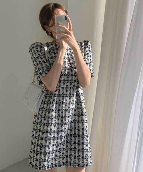 Opinion korean town（オピニオン コリアン タウン）の「ツイード ウエストタックワンピース（ワンピース・レディース・ベージュ/ネイビー・S/M/L）」の20枚目の写真