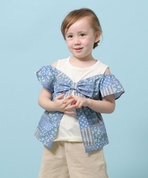 trois lapins kp | パッチワークプリント肩開き半袖Tシャツ(110-130cm)(Tシャツ/カットソー)