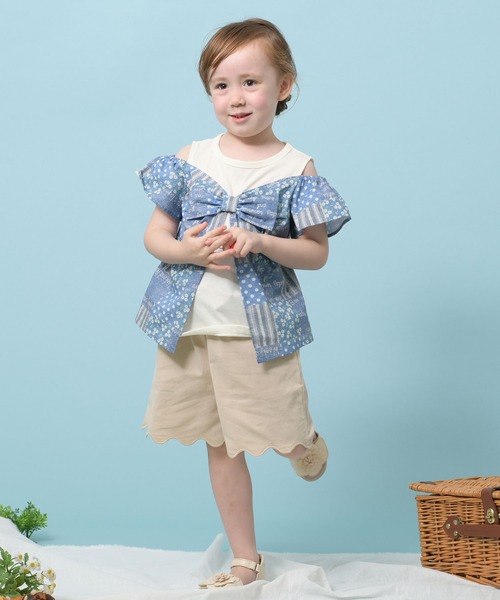 trois lapins kp(トロワラパンケーピー)の「パッチワークプリント肩開き半袖Tシャツ(110-130cm)(Tシャツ/カットソー・キッズ・ブルー・110cm/120cm/130cm)」の9枚目の写真