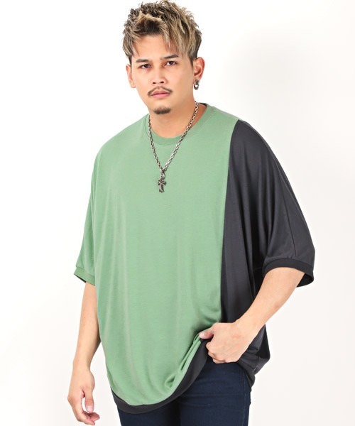 LUXSTYLE(ラグスタイル)の「T/R天竺切替ドルマン半袖Tシャツ(Tシャツ/カットソー・メンズ・チャコール/ブルーグレー/ホワイト/ミント・L/M)」の1枚目の写真