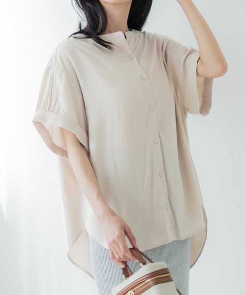 coca(coca)(コカ)の「バンドカラーとろみブラウス(シャツ/ブラウス・レディース・ホワイト/パープル/ブラック/ダークグリーン/ベージュ/ライトブルー・M/L)」の3枚目の写真