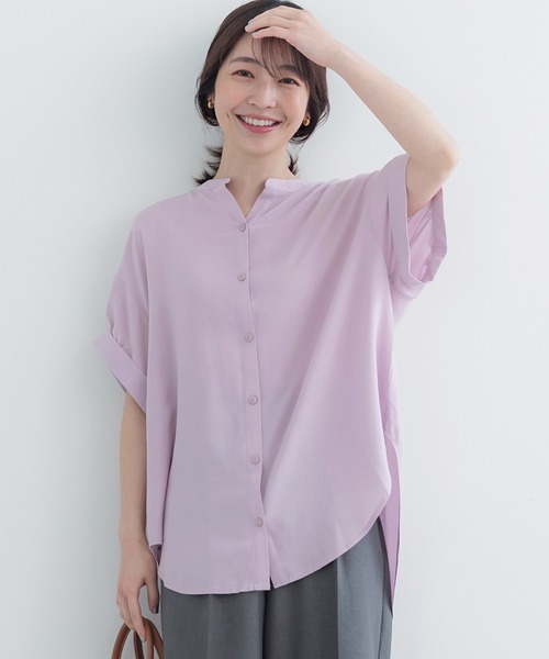 coca(coca)(コカ)の「バンドカラーとろみブラウス(シャツ/ブラウス・レディース・ホワイト/パープル/ブラック/ダークグリーン/ベージュ/ライトブルー・M/L)」の6枚目の写真