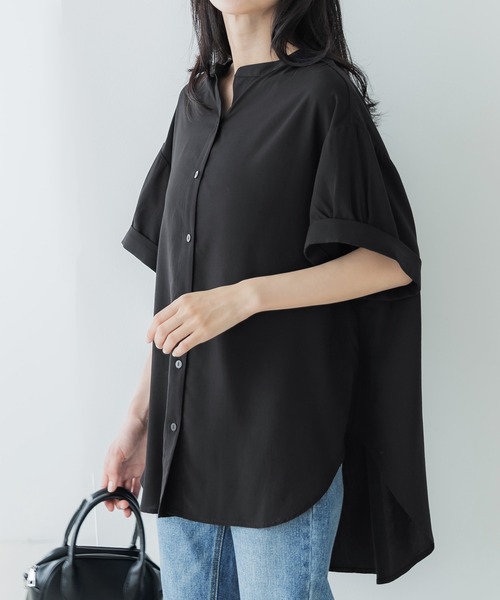 coca(coca)(コカ)の「バンドカラーとろみブラウス(シャツ/ブラウス・レディース・ホワイト/パープル/ブラック/ダークグリーン/ベージュ/ライトブルー・M/L)」の2枚目の写真