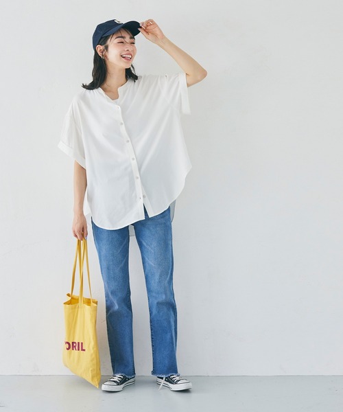 coca(coca)(コカ)の「バンドカラーとろみブラウス(シャツ/ブラウス・レディース・ホワイト/パープル/ブラック/ダークグリーン/ベージュ/ライトブルー・M/L)」の7枚目の写真