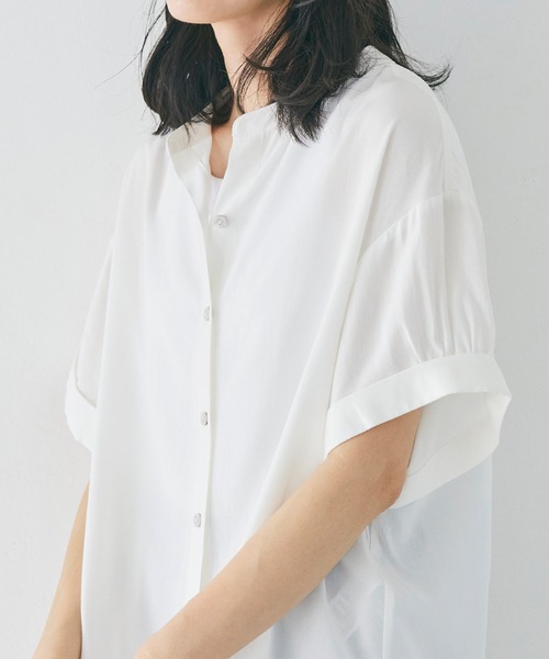 coca(coca)(コカ)の「バンドカラーとろみブラウス(シャツ/ブラウス・レディース・ホワイト/パープル/ブラック/ダークグリーン/ベージュ/ライトブルー・M/L)」の8枚目の写真