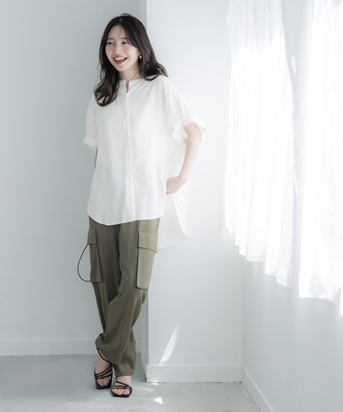 coca(coca)(コカ)の「バンドカラーとろみブラウス(シャツ/ブラウス・レディース・ホワイト/パープル/ブラック/ダークグリーン/ベージュ/ライトブルー・M/L)」の9枚目の写真