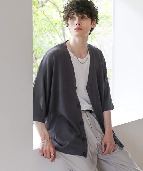 ASTRONOMY（アストロノミー）の「半袖サマーニットルーズカーディガン（カーディガン/ボレロ・メンズ・ライトグレー/ブルー/ブラック/グリーン/ベージュ系/ブラック系/チャコール・XL/L/M/S）」の4枚目の写真