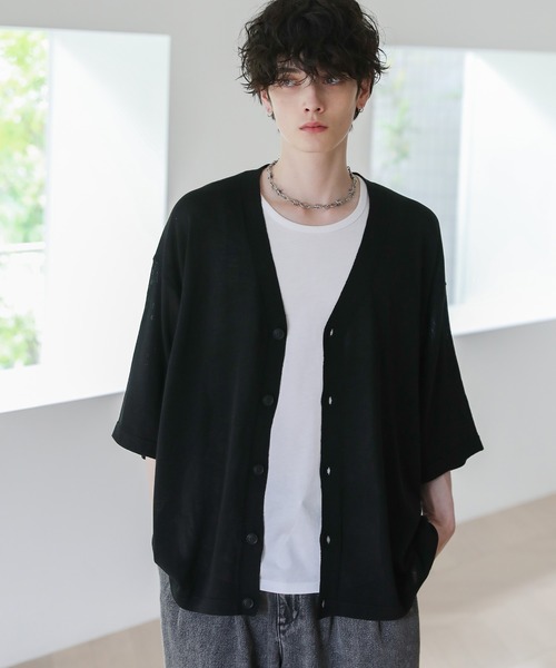 ブラック 半袖カーディガン サイズ40 セール】半袖サマーニットルーズカーディガン（カーディガン/ボレロ