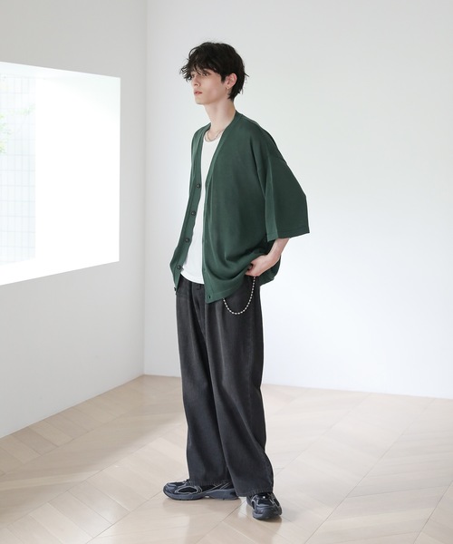 ASTRONOMY（アストロノミー）の「半袖サマーニットルーズカーディガン（カーディガン/ボレロ・メンズ・ライトグレー/ブルー/ブラック/グリーン/ベージュ系/ブラック系/チャコール・XL/L/M/S）」の8枚目の写真