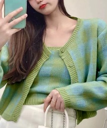 DAY CLOSET | レディース ブロックチェックアンサンブルニットキャミソール+カーディガン 2点セット(カーディガン/ボレロ)