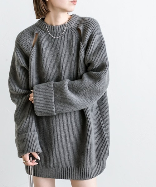 mystic（ミスティック）の「カットアウト畦ニット（ニット/セーター・レディース・ライトグレー/チャコールグレー/ブルー・FREE）」の2枚目の写真