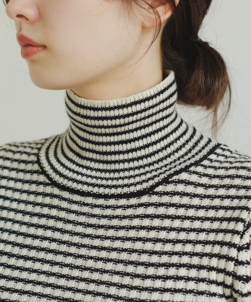 Kastane（カスタネ）の「ウール混ボーダーリブハイネックニット（ニット/セーター・レディース・グリーン/アイボリー/サックスブルー・FREE）」の21枚目の写真