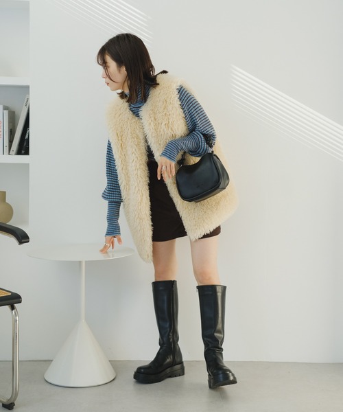 Kastane（カスタネ）の「ウール混ボーダーリブハイネックニット（ニット/セーター・レディース・グリーン/アイボリー/サックスブルー・FREE）」の5枚目の写真