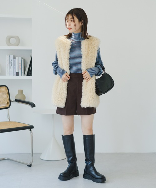 Kastane（カスタネ）の「ウール混ボーダーリブハイネックニット（ニット/セーター・レディース・グリーン/アイボリー/サックスブルー・FREE）」の18枚目の写真