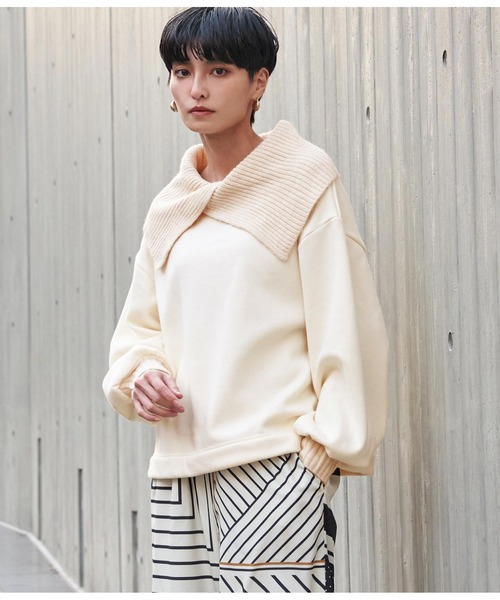 Settimissimo（セッティミッシモ）の「リブビッグニットカラープルオーバー（スウェット・レディース・ブラック/アイボリー/ブルーグリーン・FREE）」の5枚目の写真